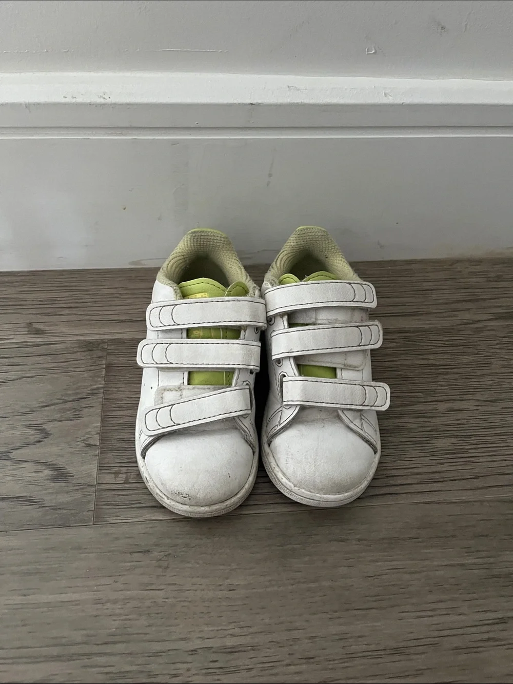 Adidas sneakers. Toddler size 8. White. Lime. Pre-owned.